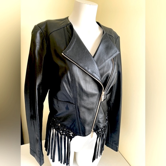 New Soft Black real Lamb leather Biker jacket Long leather tassels EUR 38 US 6-8 - Picture 2 of 16